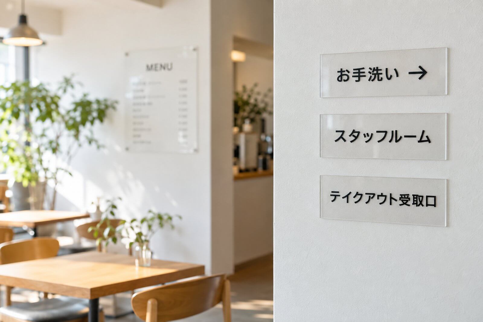カフェの壁に並べて取り付けた、同じデザインの小型アクリルプレートの案内板とメニュー表示