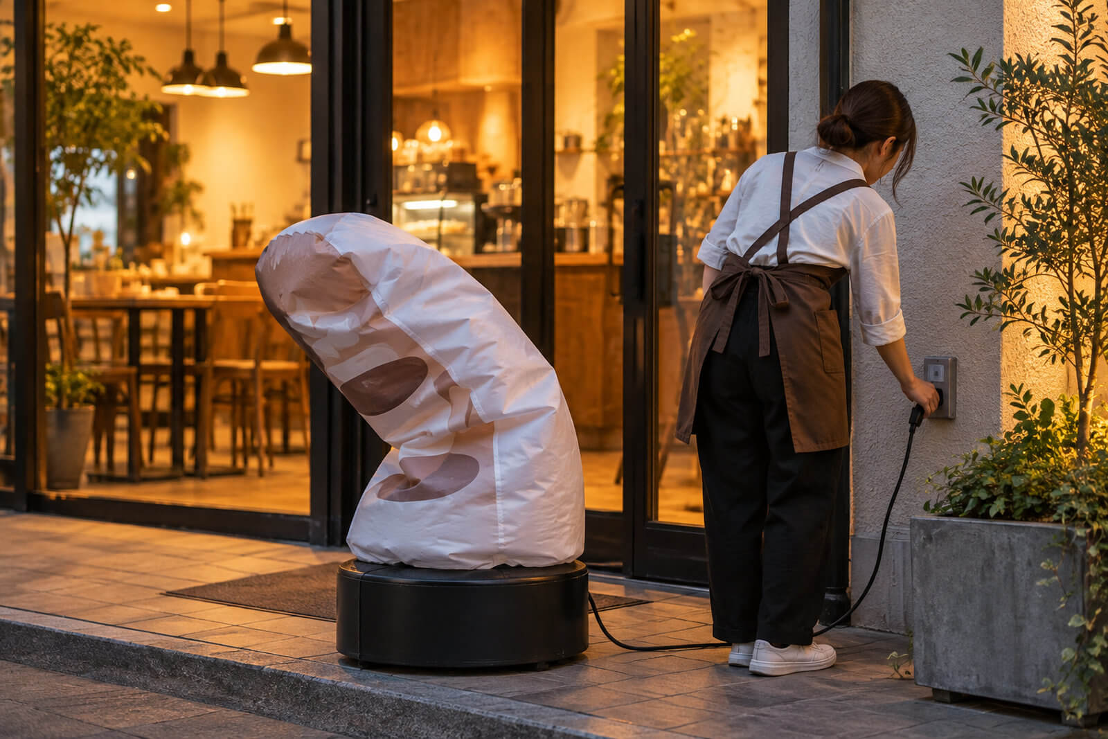 閉店時、店舗スタッフがエアー看板の電源プラグを抜き、しぼんでいくバルーンを台座の上にまとめている様子