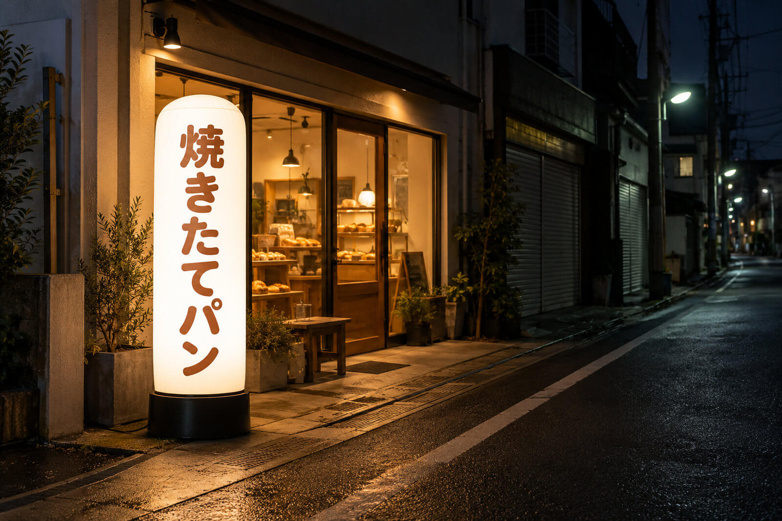 夜の通りで、照明の消えた周囲の店の中、内側から光る円柱型のエアー看板だけが明るく浮かび上がっている様子