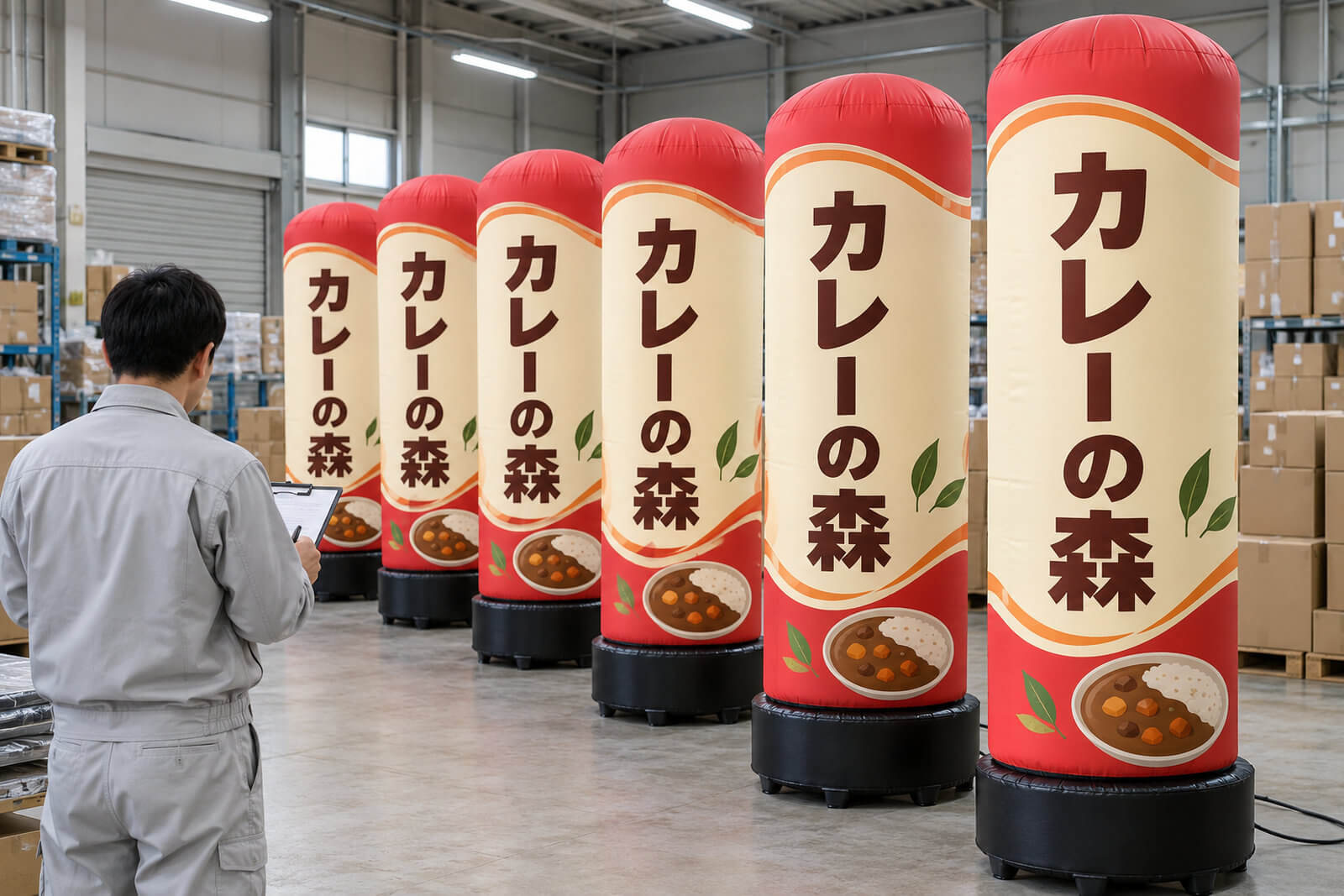 倉庫に同じデザインの円柱型エアー看板が6台並び、多店舗への出荷前の検品をしている様子