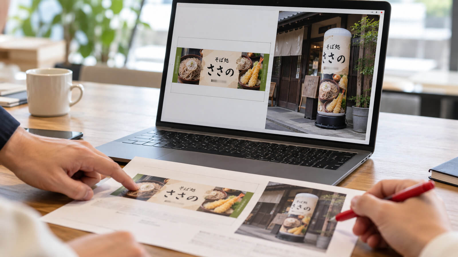 パソコンの画面に、円柱型エアー看板の展開図と、店舗の写真にはめ込んだ完成イメージが並んで表示されている