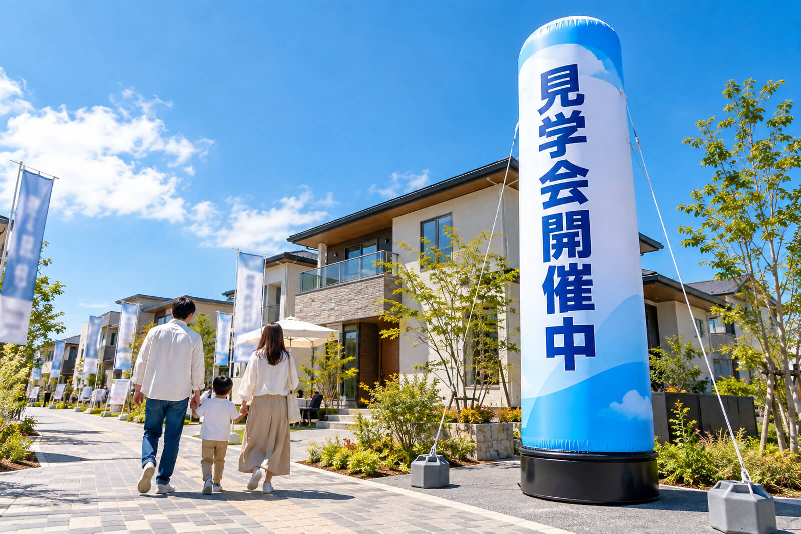 住宅展示場のモデルハウスの前に立つ高さ5mのエアー看板。「見学会開催中」の文字が遠くの道路からも見える