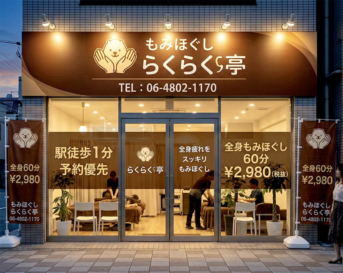 施工例①：もみほぐし らくらく亭様（暖色系・価格訴求型）