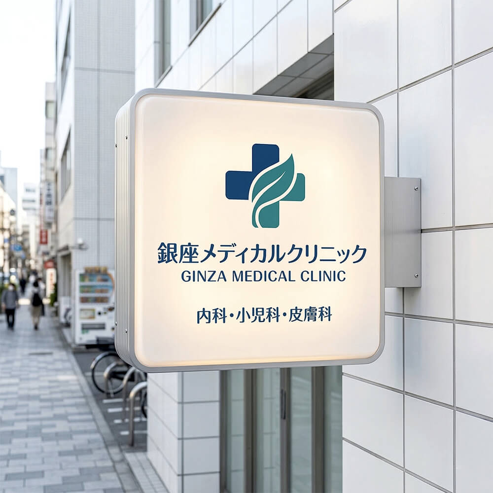 東京 クリニック 正方形突き出し看板 LED内照式 W630mm 施工事例