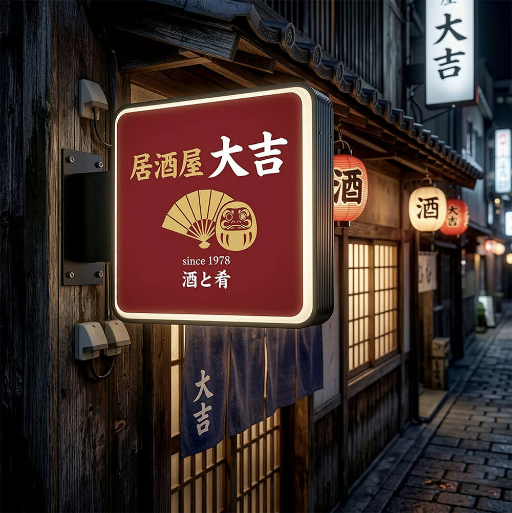 東京 居酒屋 正方形突き出し看板 LED内照式 W900mm 施工事例