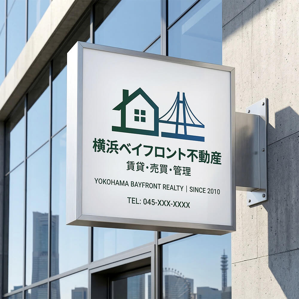 神奈川 不動産 正方形突き出し看板 角タイプ W630mm 施工事例