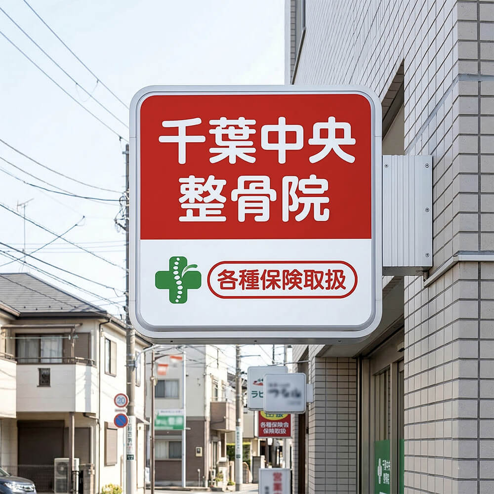 千葉 整骨院 正方形突き出し看板 W450mm LED内照式 施工事例