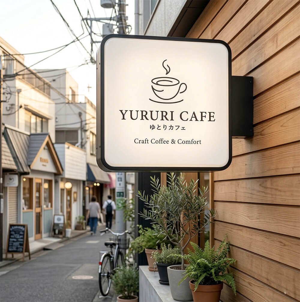 東京 カフェ 正方形角丸突き出し看板 ブラック W630mm 施工事例