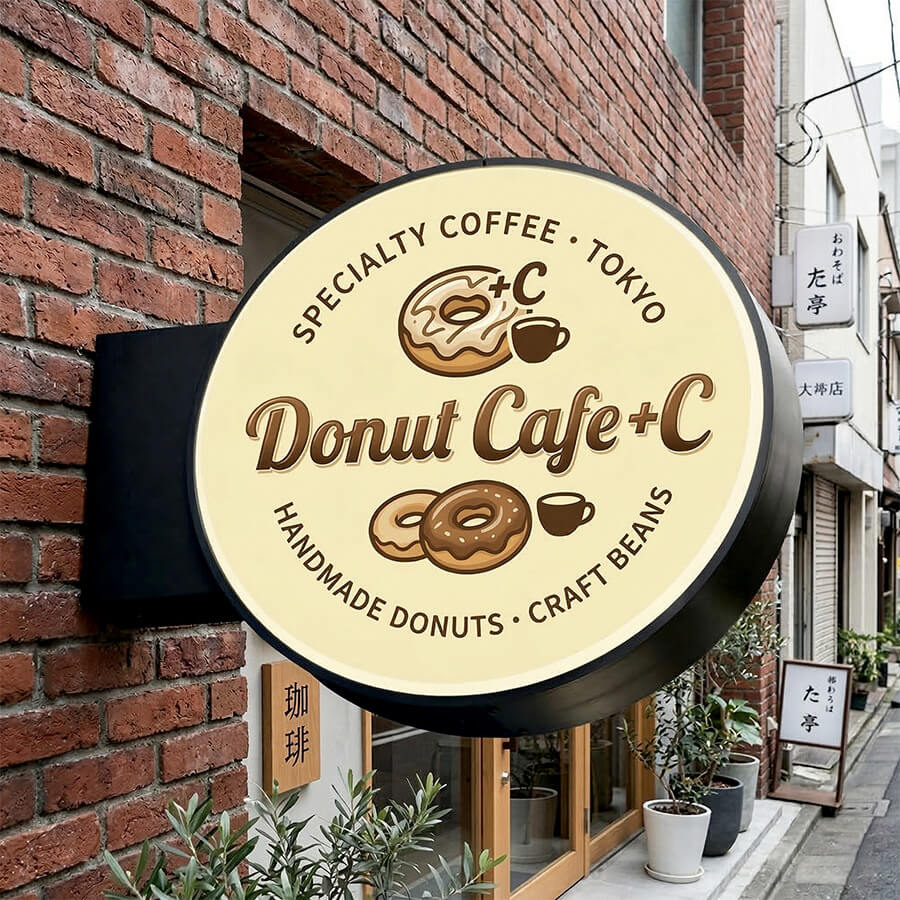 東京 カフェ 丸型突き出し看板 施工事例