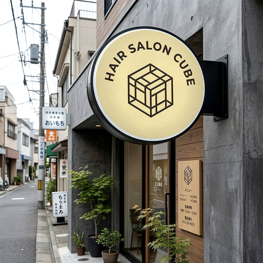 神奈川 美容室 丸型突き出し看板 施工事例