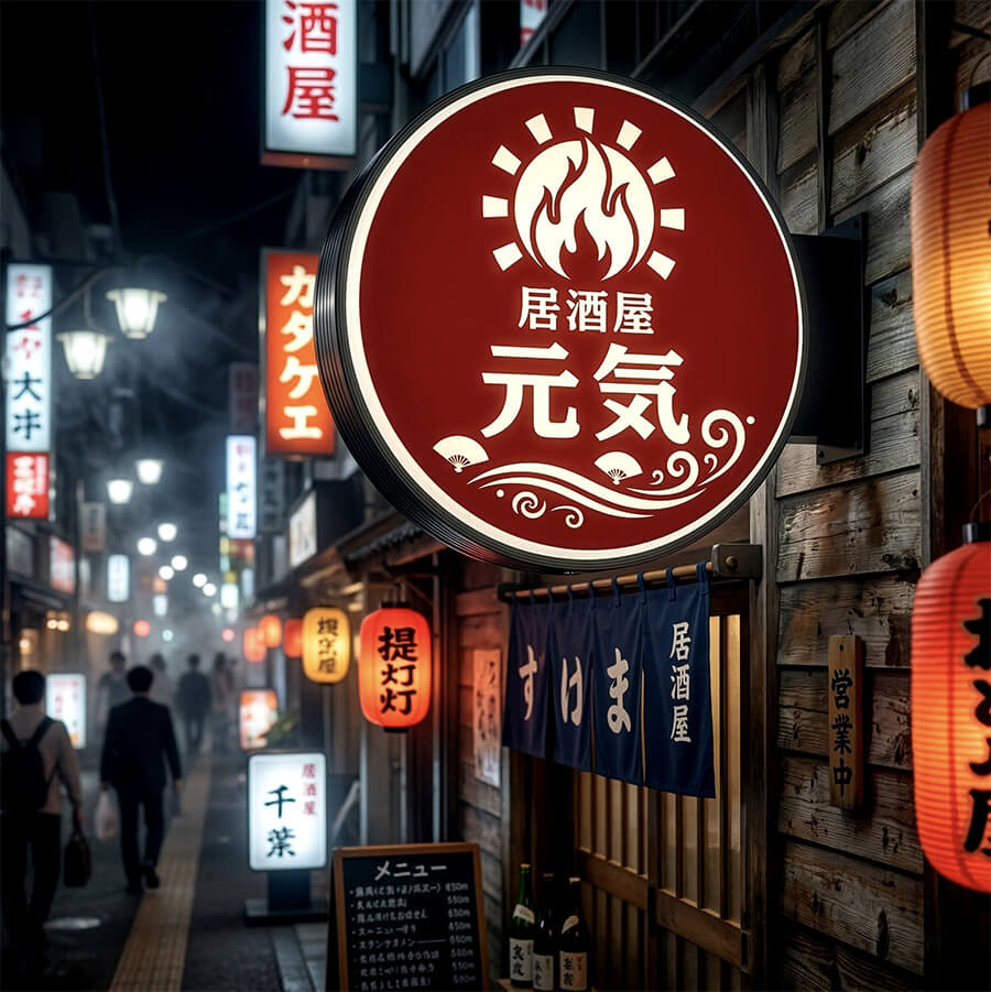 千葉 居酒屋 丸型突き出し看板 施工事例