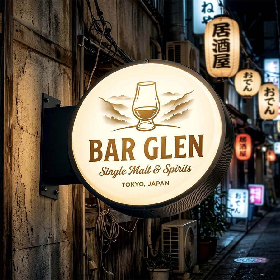 東京 バー 丸型突き出し看板 夜間LED点灯 施工事例