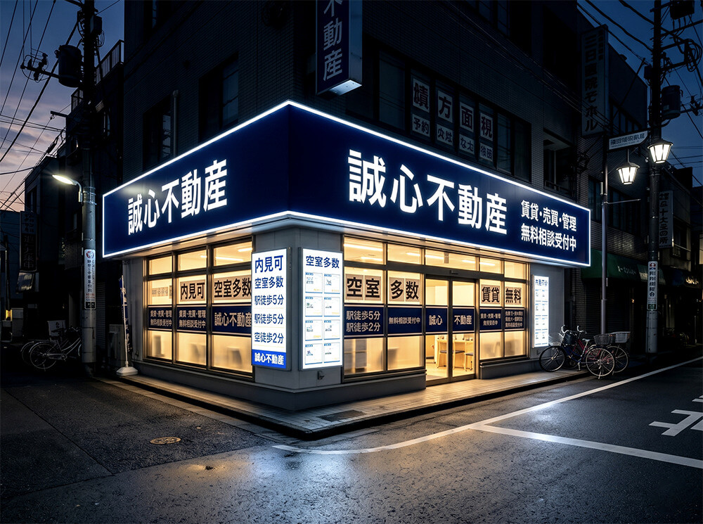LED内照式ファサード看板で夜間集客を強化した不動産屋