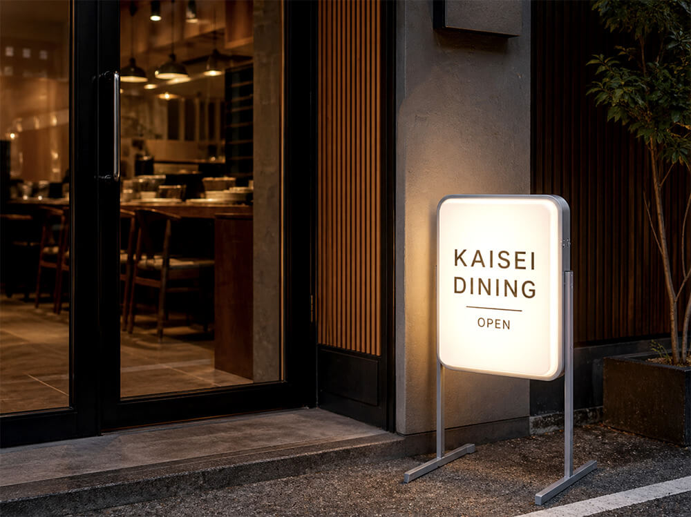 夜間の店舗前で光る電飾スタンド看板