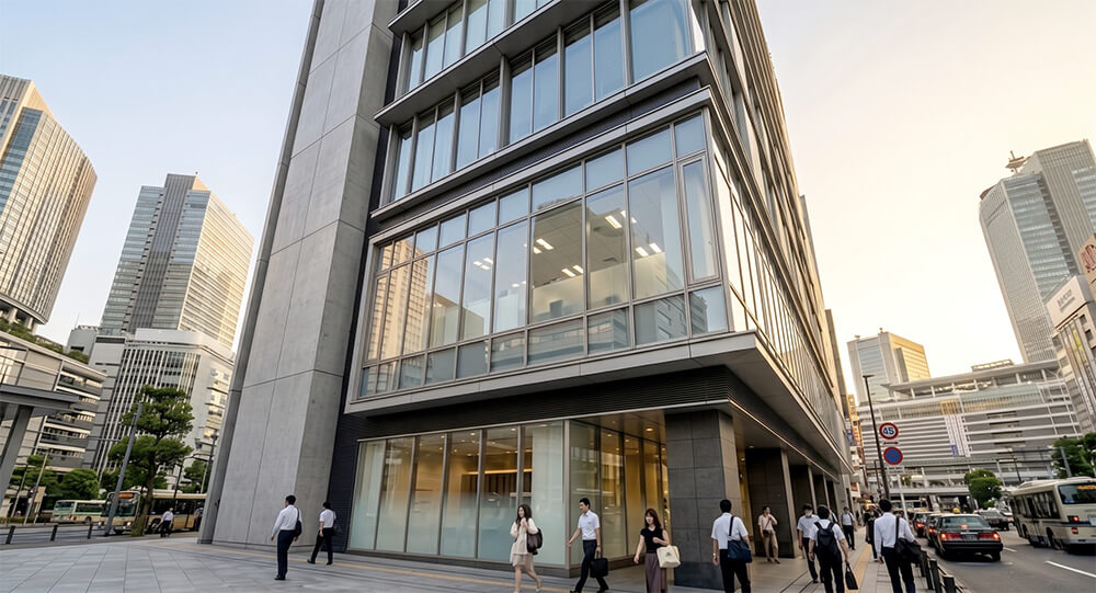 「RAMODE美容クリニック」様のウィンドウサイン施工前（ビフォー）。サインのない状態の東京都内ビル3階外観。