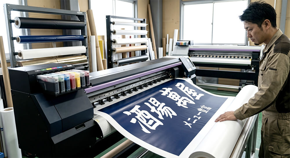 「酒場 萬屋」様ののぼり旗をインクジェットプリンターで印刷している工場内の様子。紺地に白文字の居酒屋のぼり旗製作工程。