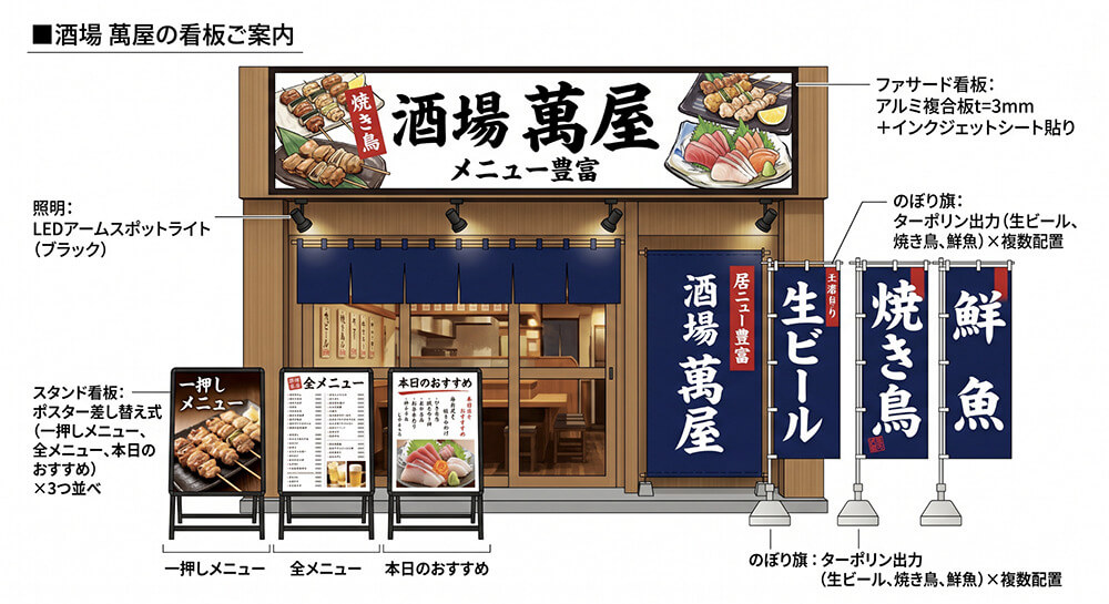 「酒場 萬屋」様の看板設置計画図。ファサード看板・スタンド看板・のぼり旗・暖簾の配置と仕様が記載されたサイン計画図面。
