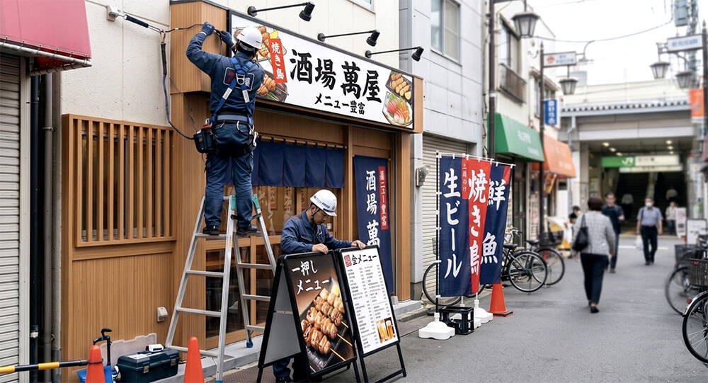「酒場 萬屋」様のファサード看板取り付け施工中の様子。職人が脚立でLEDアームスポットライト付きの看板を設置している。