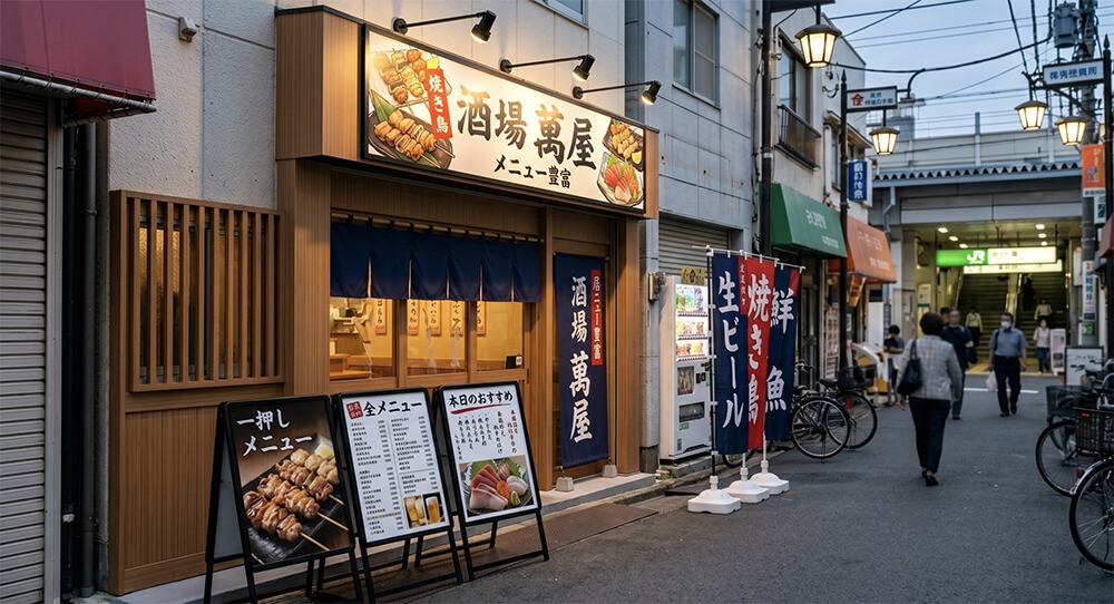 居酒屋「酒場 萬屋」様の夕暮れ時の外観。LEDスポットライトに照らされたファサード看板と紺ののぼり旗・暖簾が映える施工後（アフター）の様子。