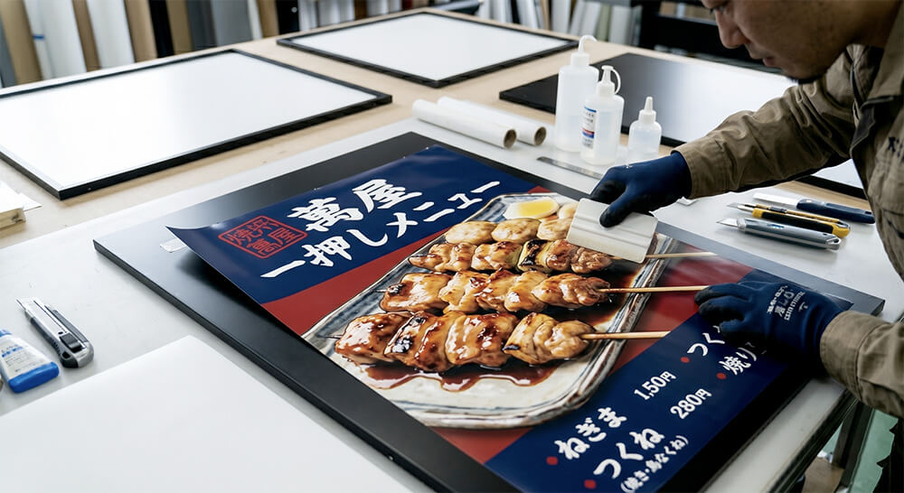 「酒場 萬屋」様のポスター差替え式スタンド看板の製作工程。職人がインクジェット印刷したポスターをスキージーでパネルに貼り付けている。