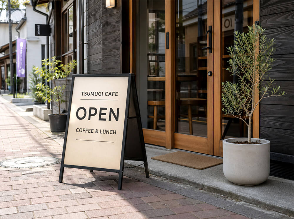 店舗前に設置された屋外用スタンド看板
