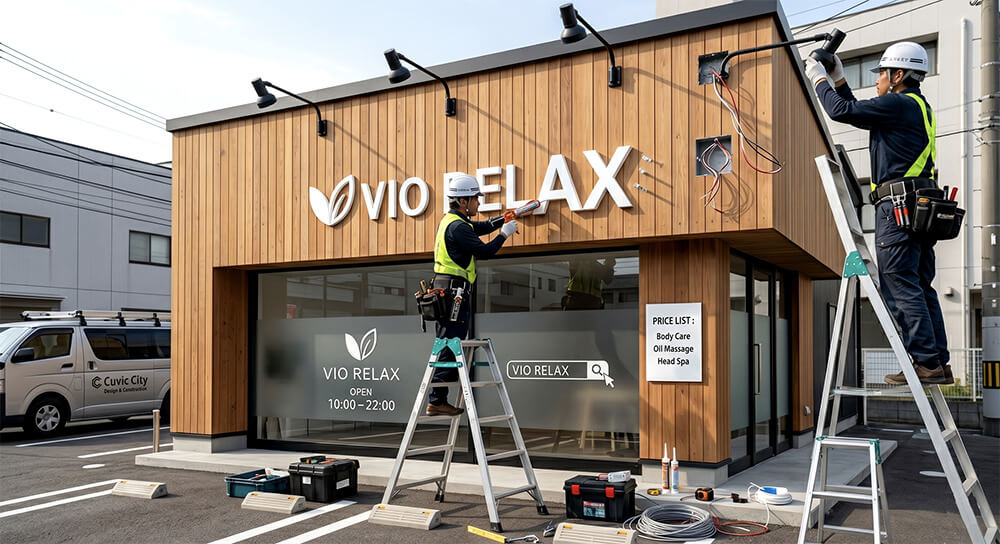 「VIO RELAX」様のチャンネル文字を外壁に設置している施工中の様子。職人2名が脚立で作業中。