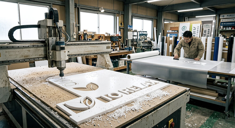 CNCルーターで「VIO RELAX」のチャンネル文字（立体文字）を切削加工している工場内の様子。