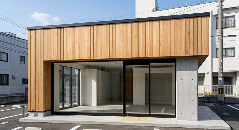 「VIO RELAX」様店舗の看板設置前（ビフォー）の状態。木目調外壁とコンクリートの店舗外観。