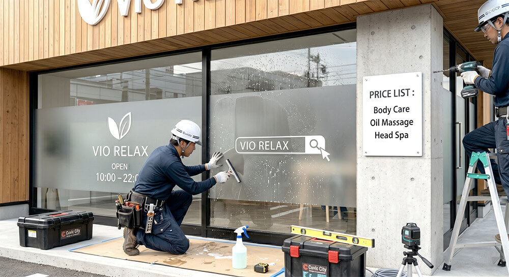 「VIO RELAX」様のウィンドウフィルム施工中の様子。職人が窓ガラスにカッティングシートを貼り付けている。