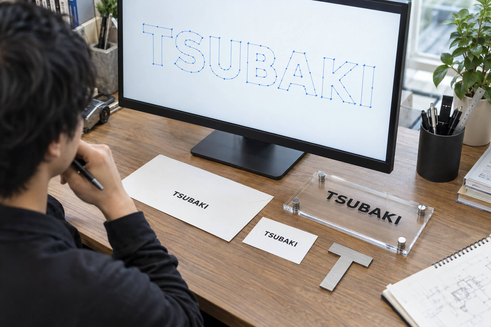 モニターに表示した社名ロゴのデータと、机の上の名刺・封筒・完成したアクリル看板とステンレス切文字