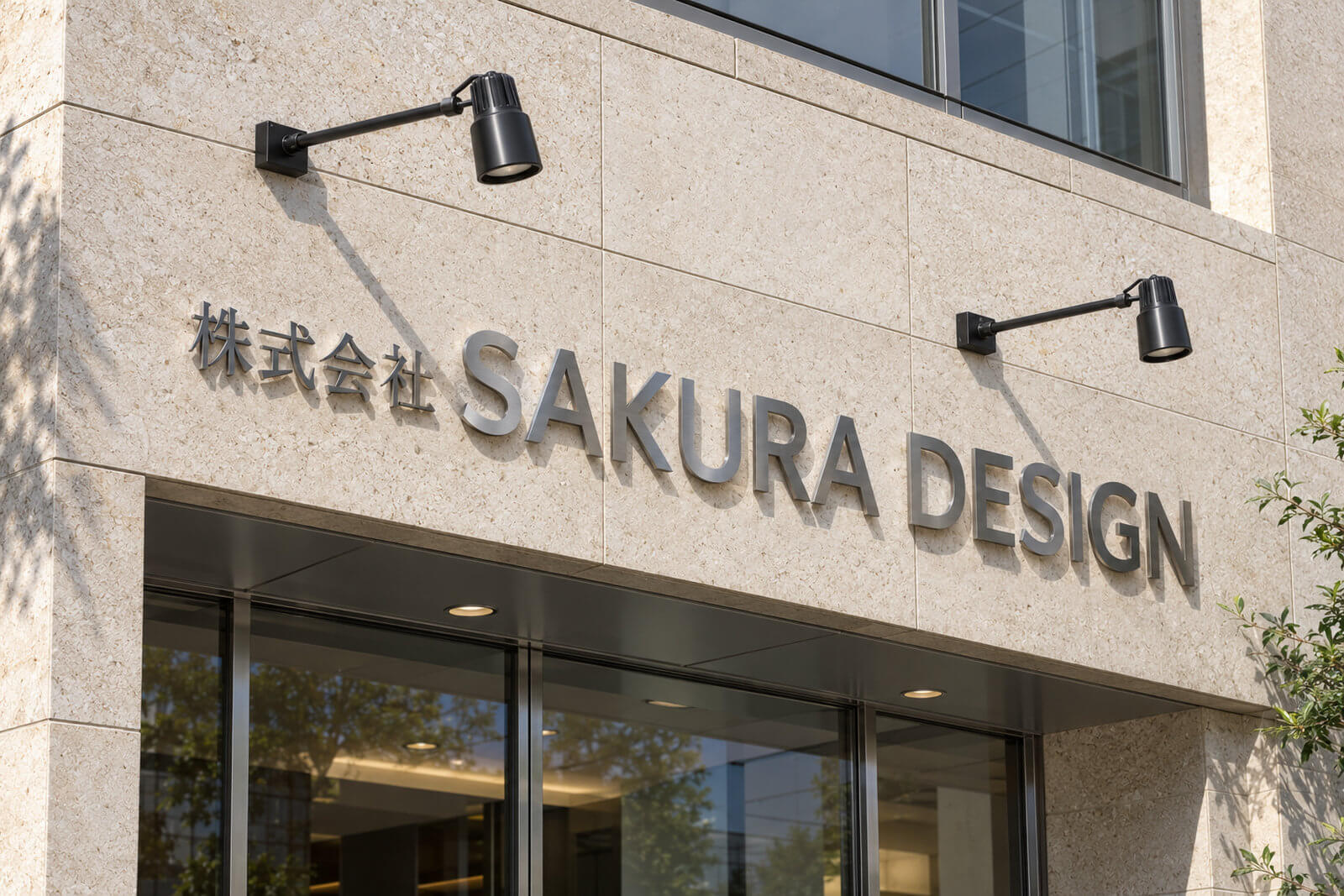 昼のオフィスビル外壁に取り付けたステンレス切文字の社名とアームスポットライト
