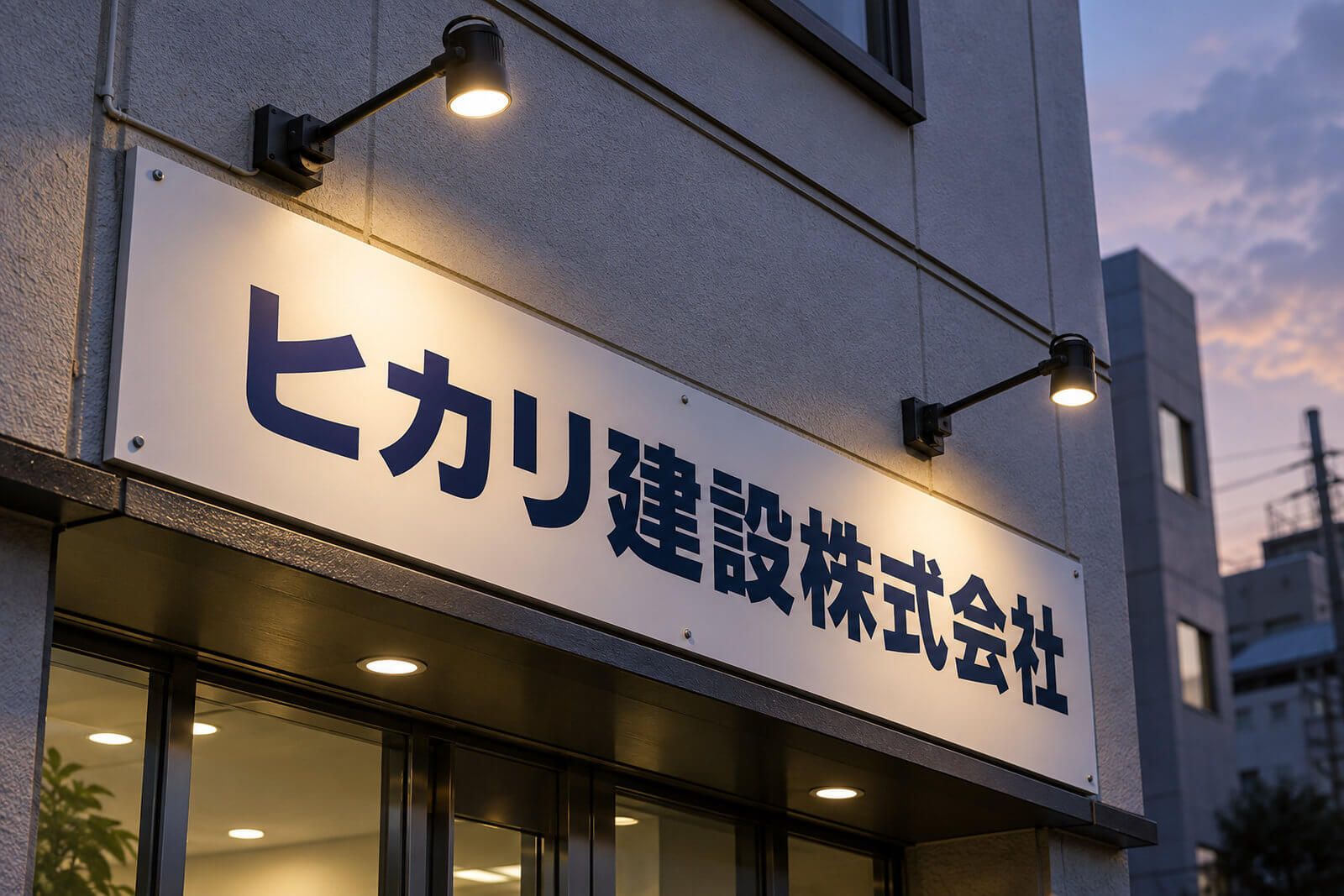 会社の入口上に取り付けた黒いLEDアームスポットライトが社名のプレート看板を照らすアップ