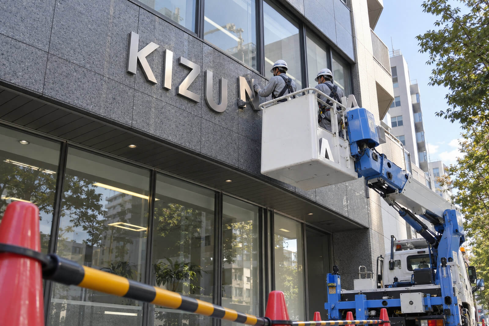 施工スタッフが高所作業車からビル外壁にステンレス切文字をボルトで取り付けている様子