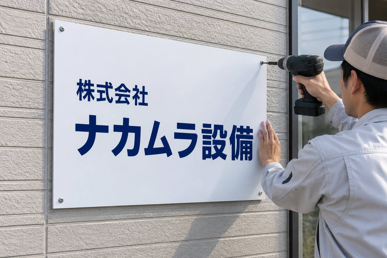 外壁に電動ドライバーでビス固定する社名プレート看板と、化粧ビスで浮かしたアクリル看板