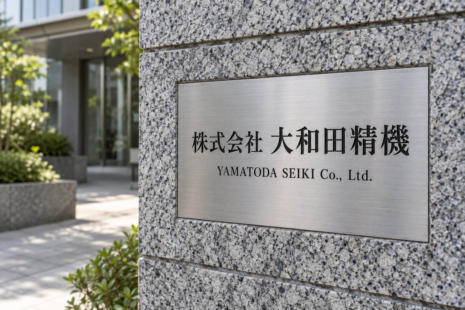 会社入口の門柱に埋め込んだステンレスエッチング銘板の社名