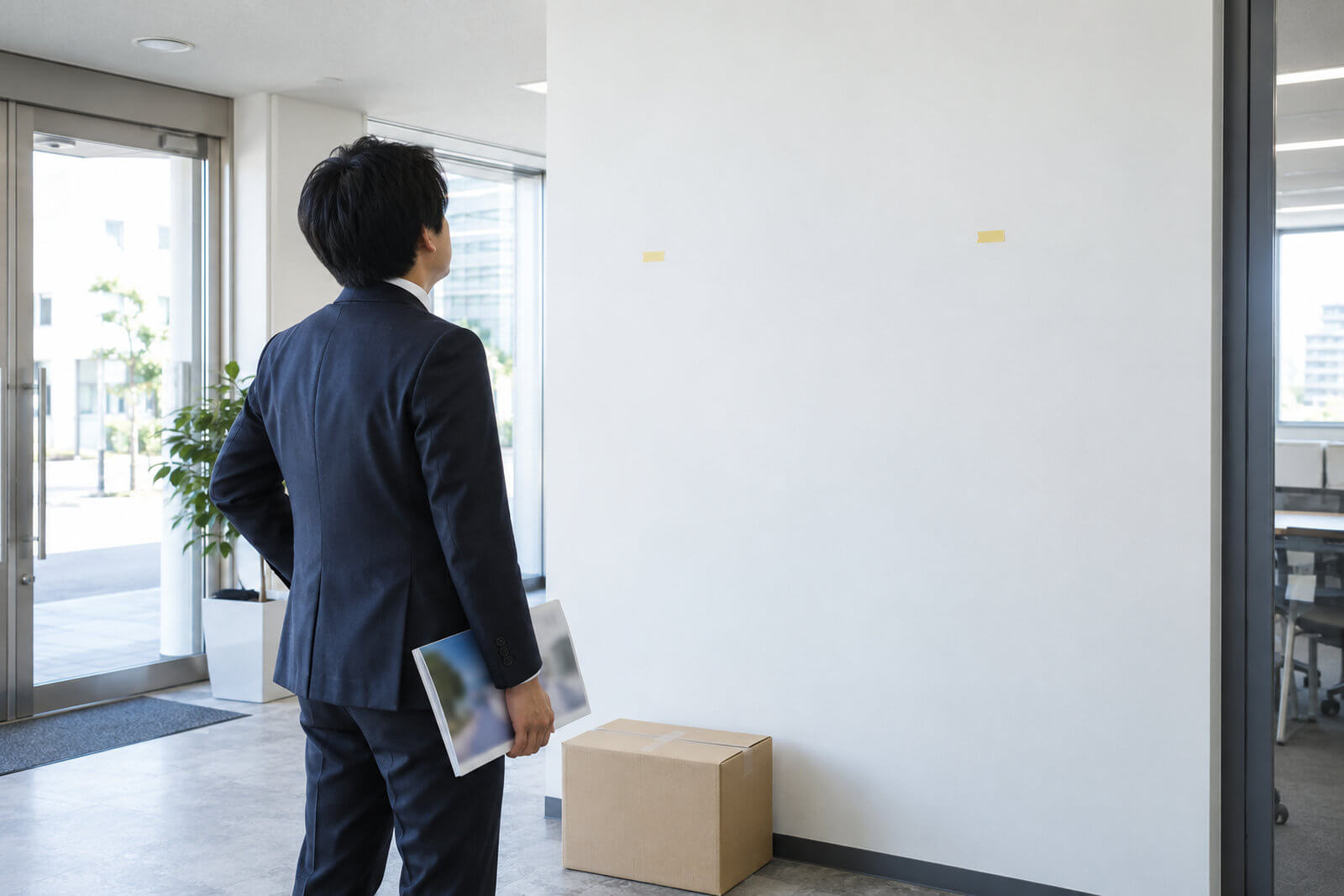 新しいオフィスの何も付いていないエントランス壁の前で、看板の種類を検討する総務担当者