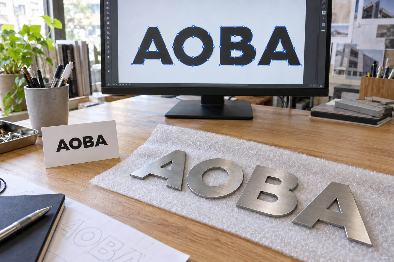 モニターに表示したアウトライン化したロゴデータと、机の上の名刺・完成したステンレス切文字