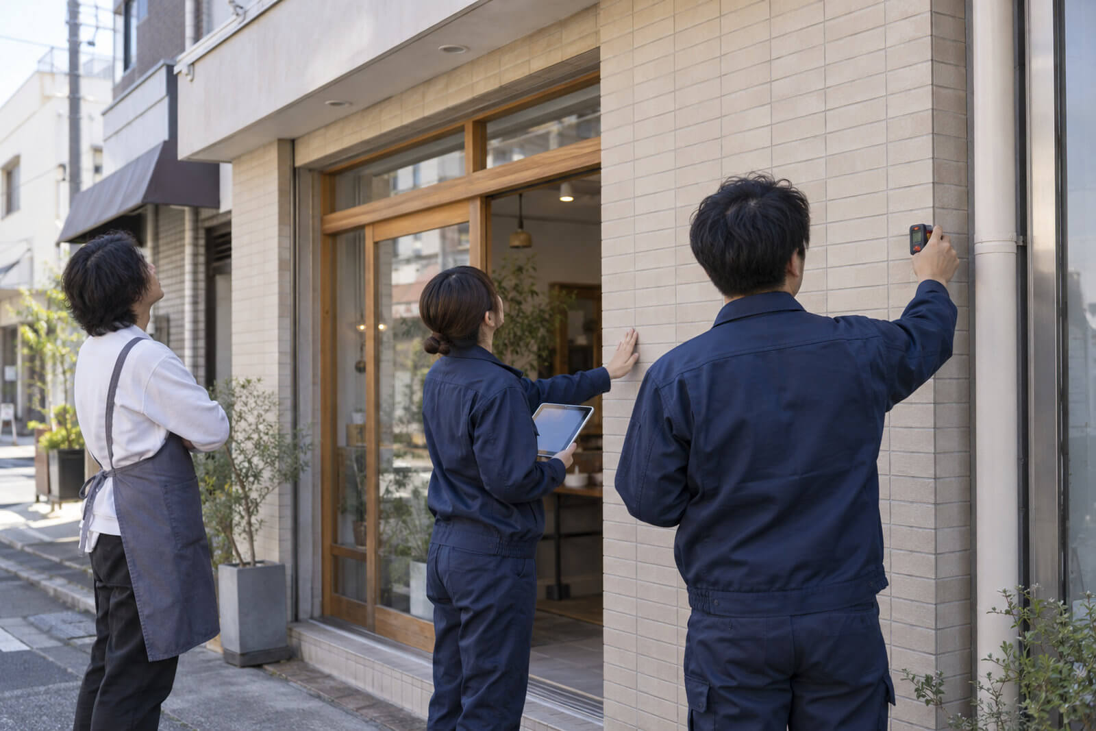 施工スタッフが店舗の外壁の高さと幅をレーザー距離計で測り、壁材を確認している様子
