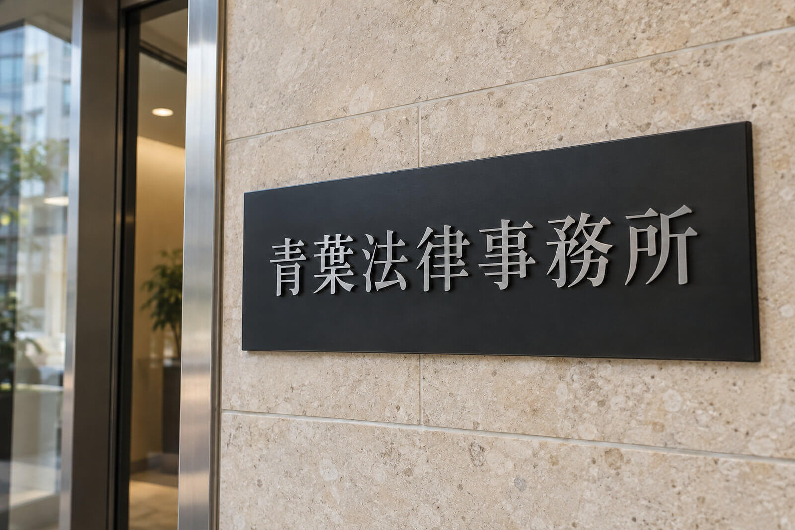 法律事務所の入口横の黒い銘板ベースに取り付けた小さめのステンレス切文字の事務所名