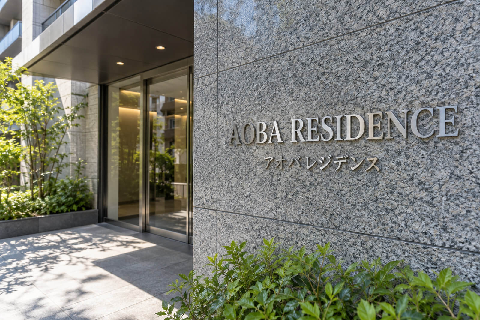 マンションのエントランス外壁に取り付けた建物名のステンレス切文字の銘板