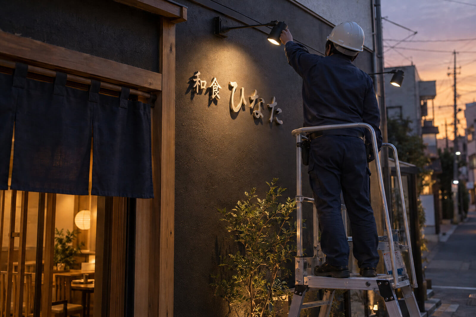 施工スタッフが夕方に店舗外壁の切文字を照らすスポットライトの角度を調整している様子