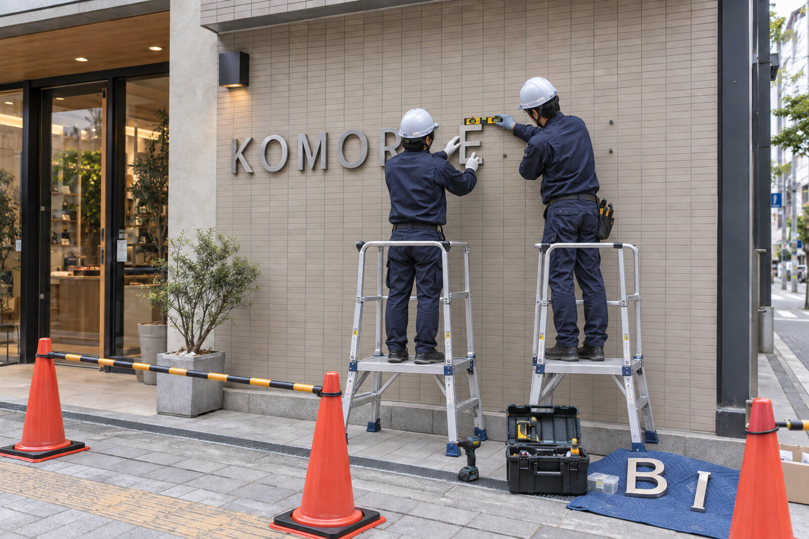 施工スタッフが店舗の外壁にステンレス切文字をボルトで取り付けている様子
