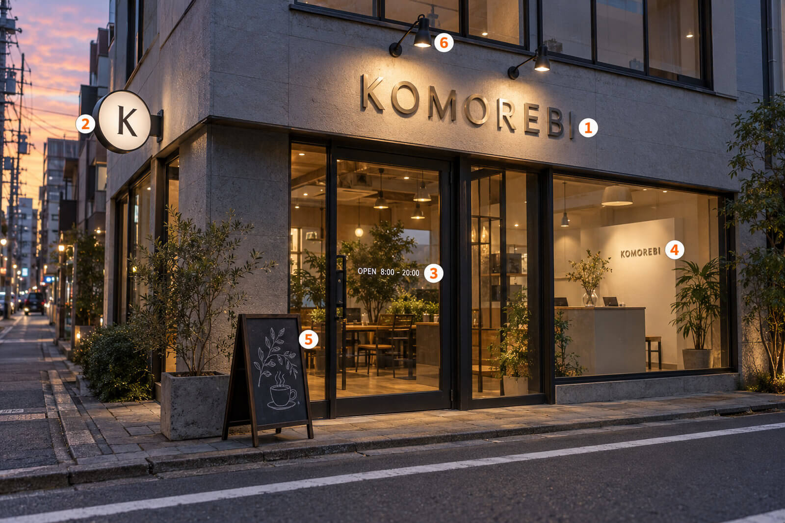 ステンレス切文字のファサード・袖看板・ウィンドウサイン・受付ロゴ・スタンド看板・スポットライトを設置した店舗外観(番号付き)