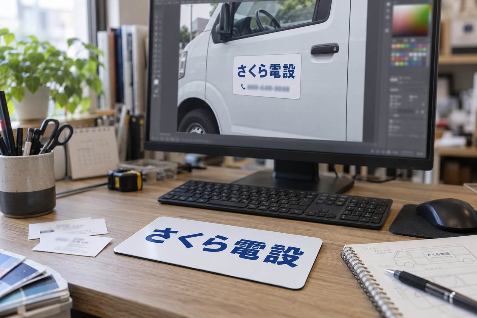 モニターに表示した営業車用マグネット看板のレイアウトデータと、机の上の名刺・完成したマグネット看板