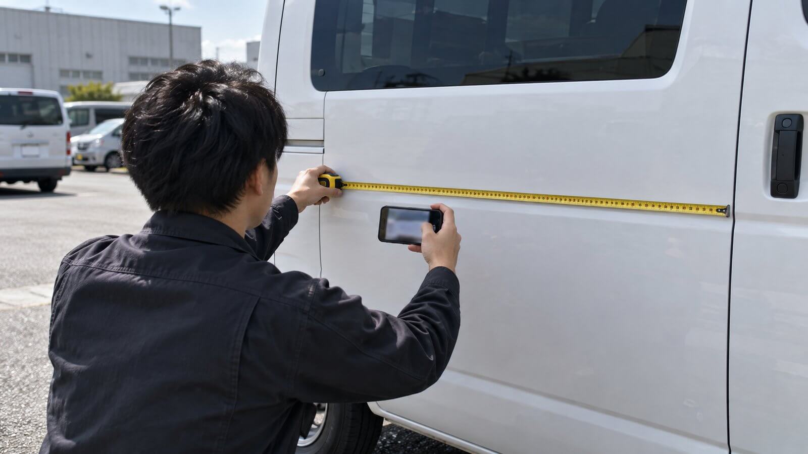 営業車のドアにメジャーを当ててマグネット看板のサイズを測り、スマートフォンで写真を撮っている様子