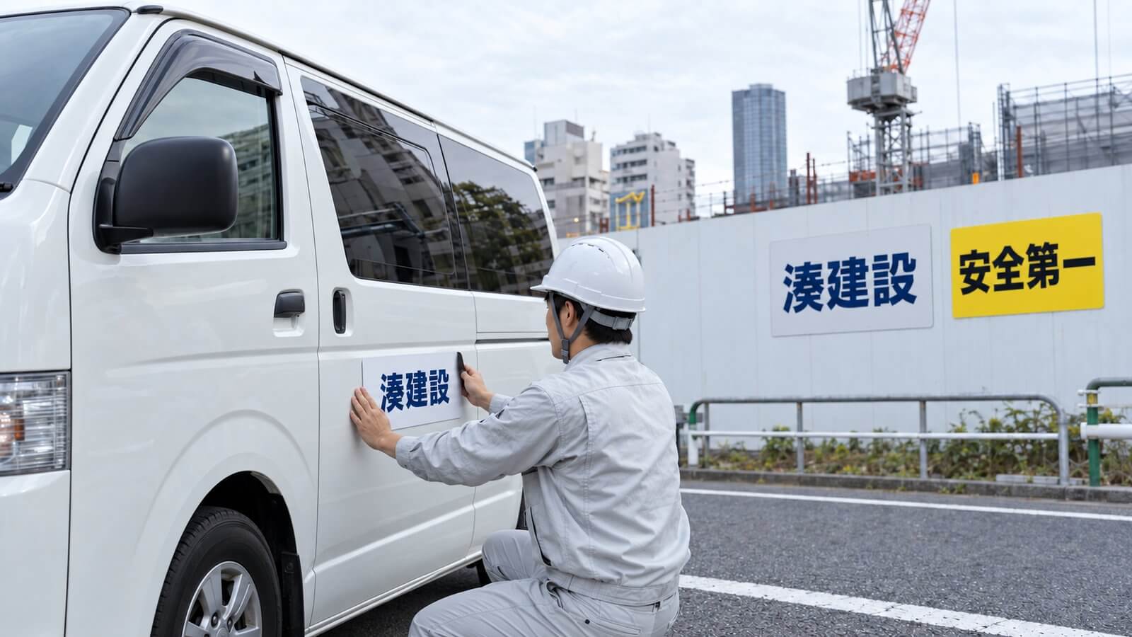 白い営業車のドアに社名入りのマグネット看板を貼る手元と、背景の工事現場の仮囲いに貼られたマグネット看板