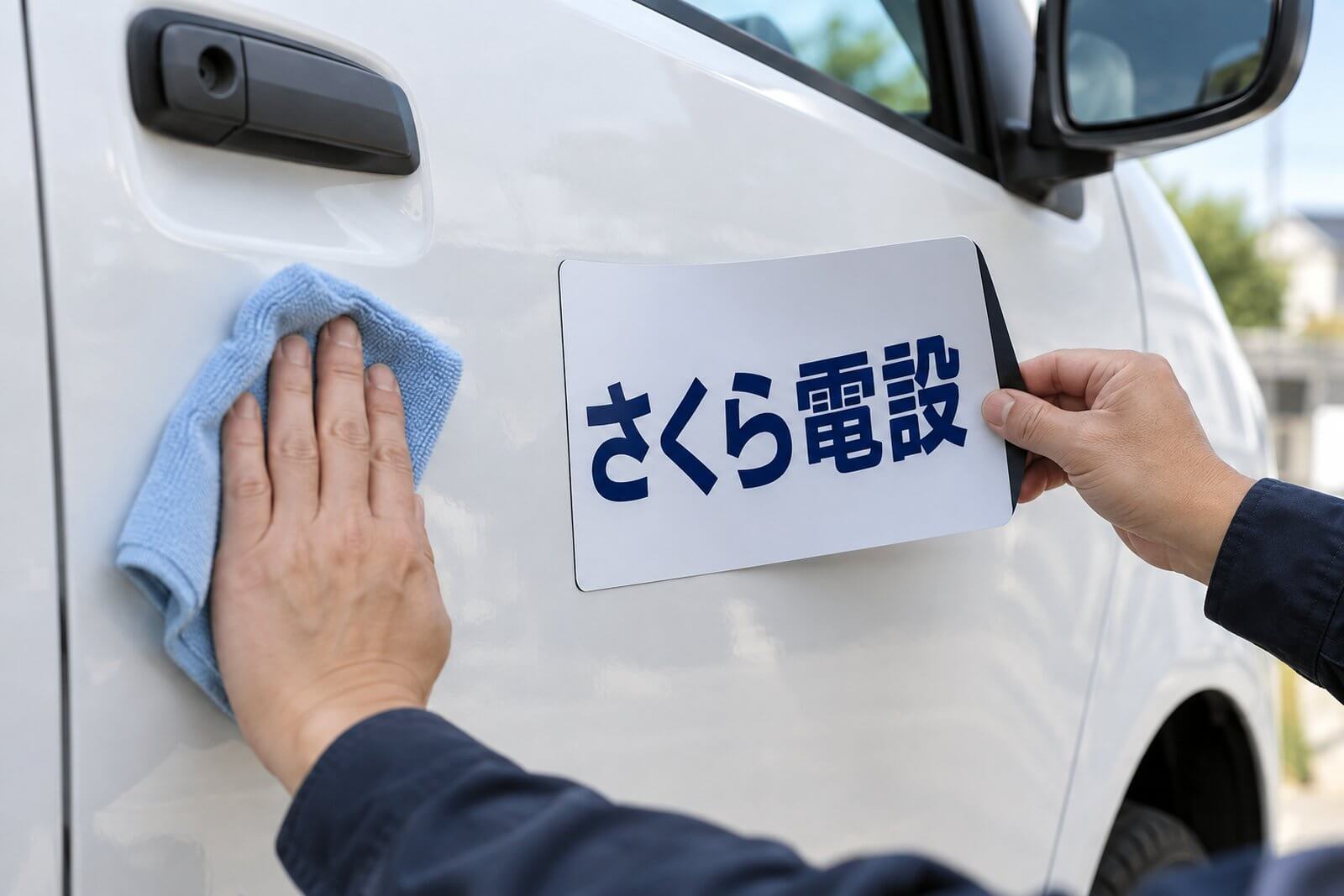営業車のドアをマイクロファイバークロスで拭いてから、マグネット看板を端から空気を抜くように貼っている手元