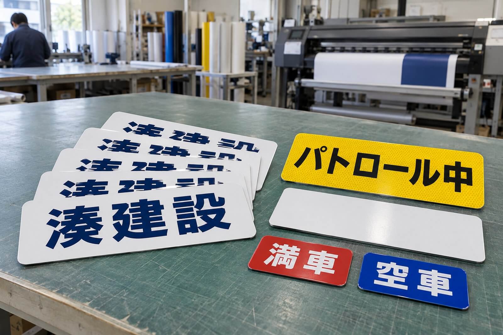 同じデザインで製作した5台分のマグネット看板を並べ、反射仕様と差し替え用の受け板をそろえたセット