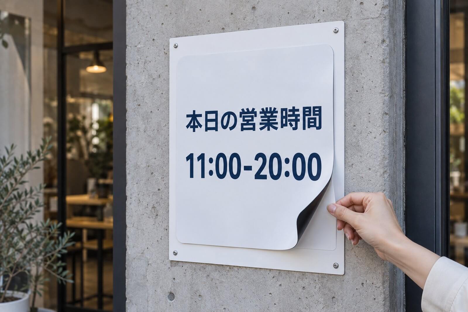 コンクリート壁に貼った白いスチール受け板の上に、「本日の営業時間」のマグネット看板を差し替えている手元