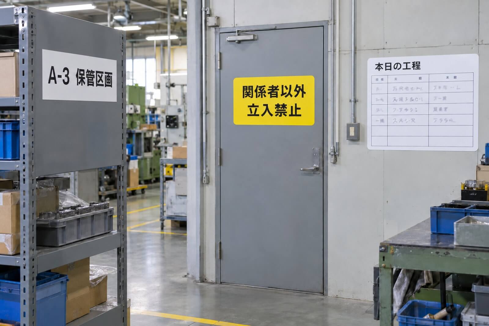 工場のスチール製ラックに貼った区画表示のマグネット看板と、鉄扉に貼った「関係者以外立入禁止」のマグネット看板、ホワイトボード仕様のマグネット掲示板